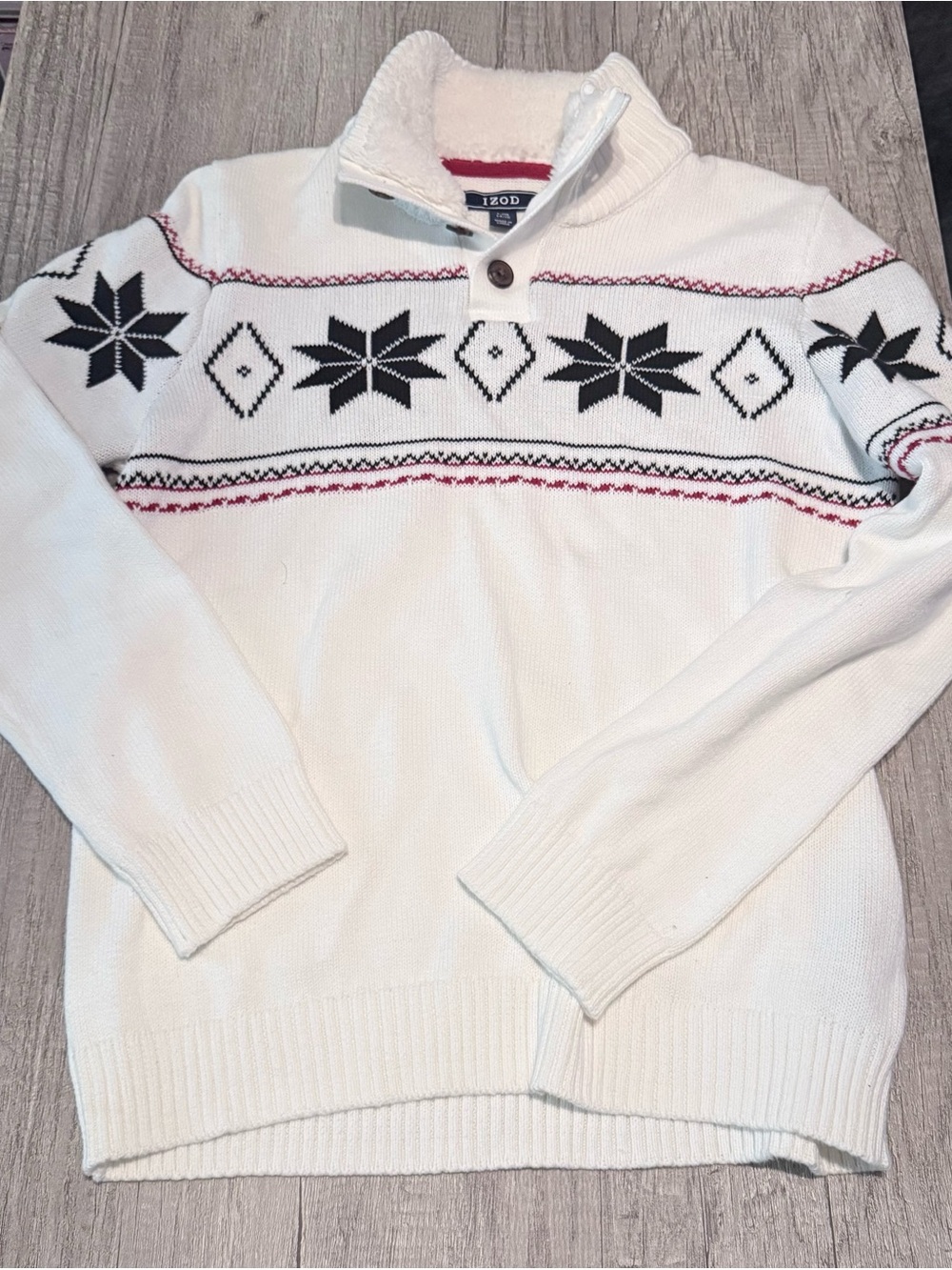Izod Boys White Half-Button Fair Isle Sweater with Black and Red Accents